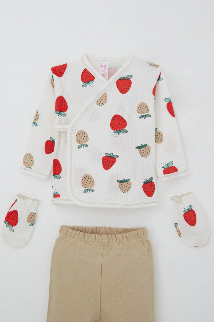 BRE Breeze Baby Girl Hospital Outfit 5-Piece Strawberry Garden Patterned 0-3 Months, Ecru - Viersen