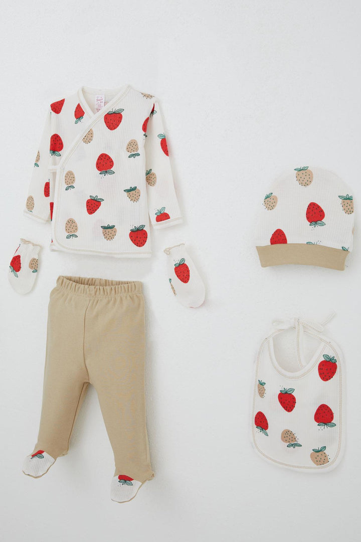 BRE Breeze Baby Girl Hospital Outfit 5-Piece Strawberry Garden Patterned 0-3 Months, Ecru - Viersen