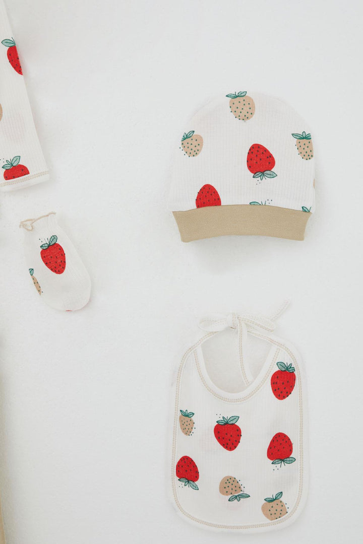 BRE Breeze Baby Girl Hospital Outfit 5-Piece Strawberry Garden Patterned 0-3 Months, Ecru - Viersen