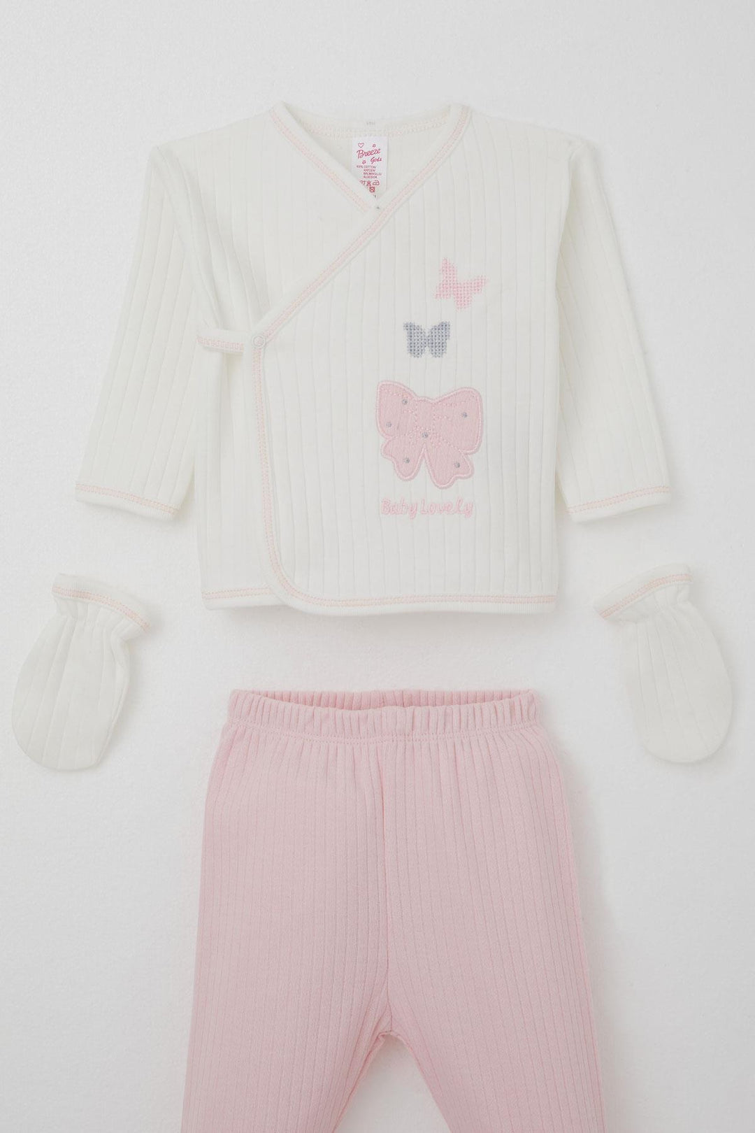 BRE Breeze Baby Girl Hospital Outfit 5 Piece Set with Bow & Butterfly Embroidery 0-3 Months, Ecru - Lerma
