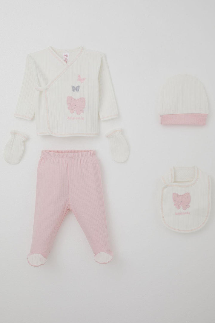 BRE Breeze Baby Girl Hospital Outfit 5 Piece Set with Bow & Butterfly Embroidery 0-3 Months, Ecru - Lerma