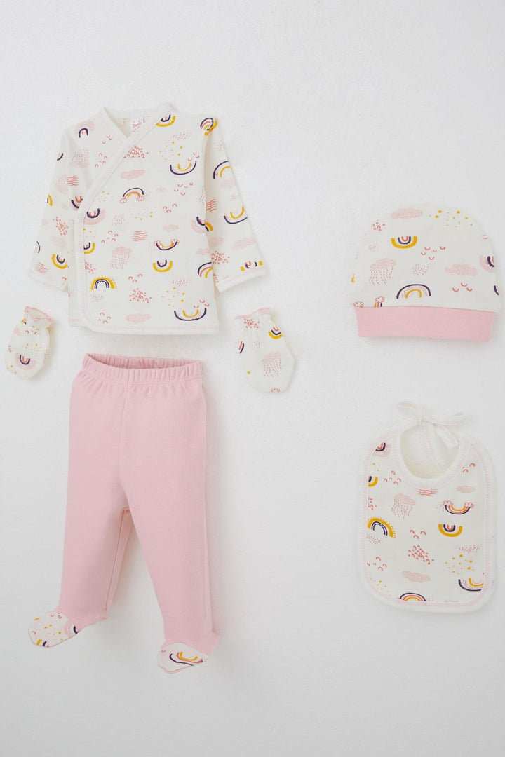 BRE Breeze Baby Girl Hospital Outfit 5 Piece Sky Themed Cloud Patterned 0-3 Months, Ecru - Misterbianco