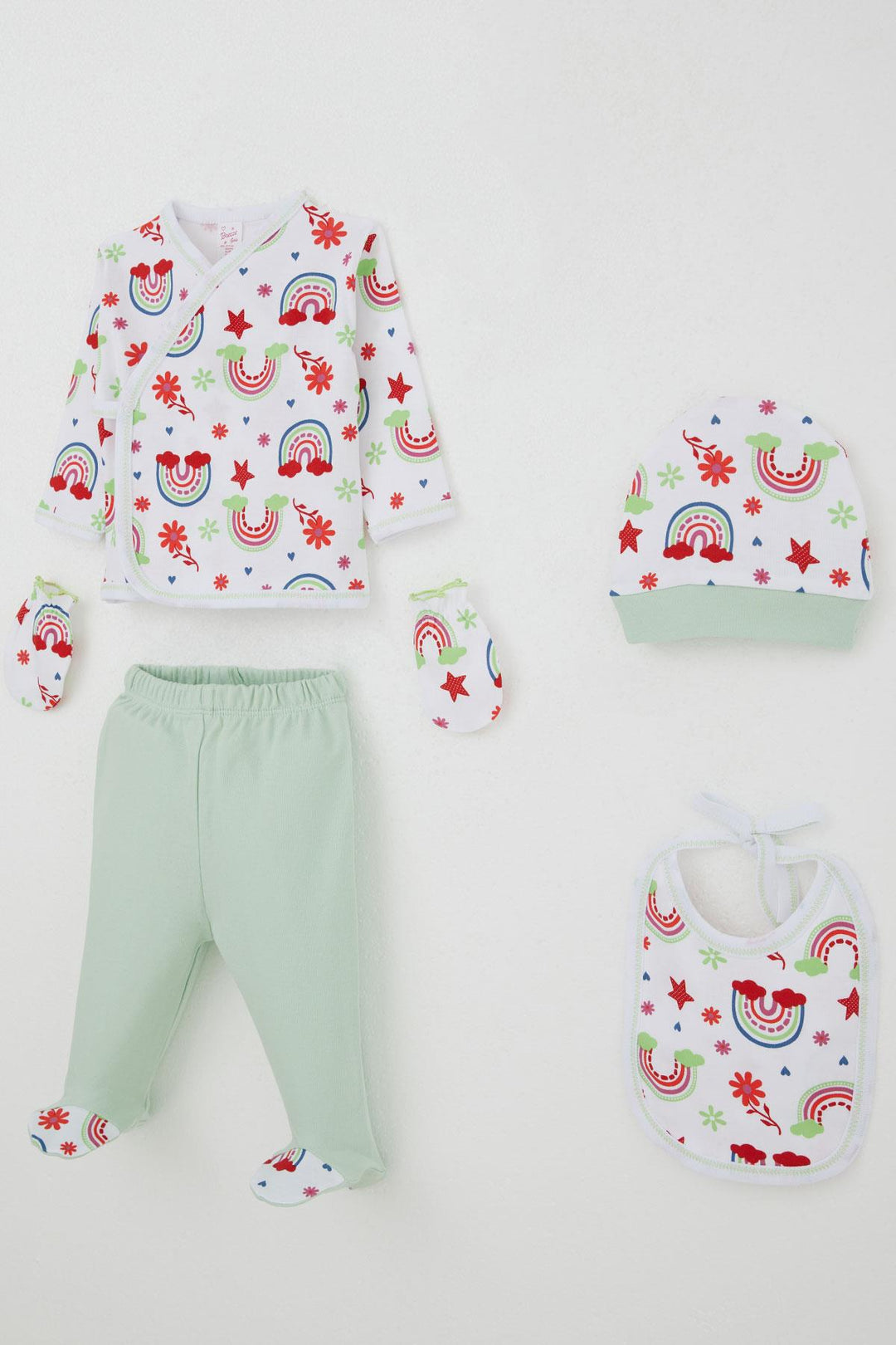 BRE Breeze Baby Girl Hospital Outfit 5 Piece Rainbow Fairy Tale Flower Patterned 0-3 Months, White - El Ejido