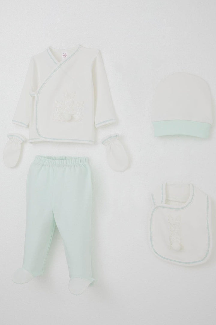 BRE Breeze Baby Girl Hospital Outfit 5 Piece with Pom Poms and Bunny Embroidery 0-3 Months, Ecru - Hutchinson