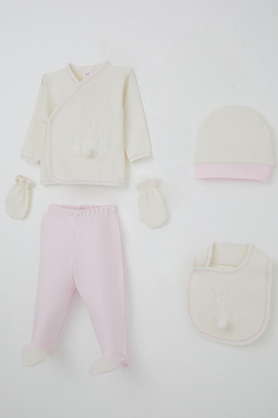 BRE Breeze Baby Girl Hospital Outfit 5 Piece with Pom Poms and Bunny Embroidery 0-3 Months, Ecru - Juchitán de Zaragoza