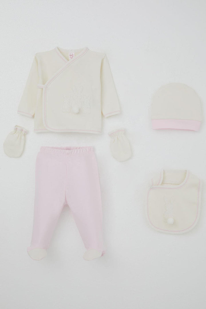 BRE Breeze Baby Girl Hospital Outfit 5 Piece with Pom Poms and Bunny Embroidery 0-3 Months, Ecru - Juchitán de Zaragoza
