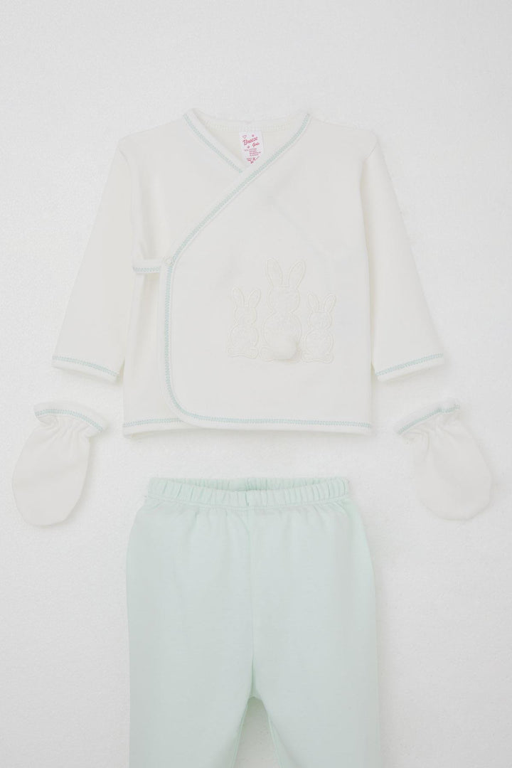 BRE Breeze Baby Girl Hospital Outfit 5 Piece with Pom Poms and Bunny Embroidery 0-3 Months, Ecru - Hutchinson