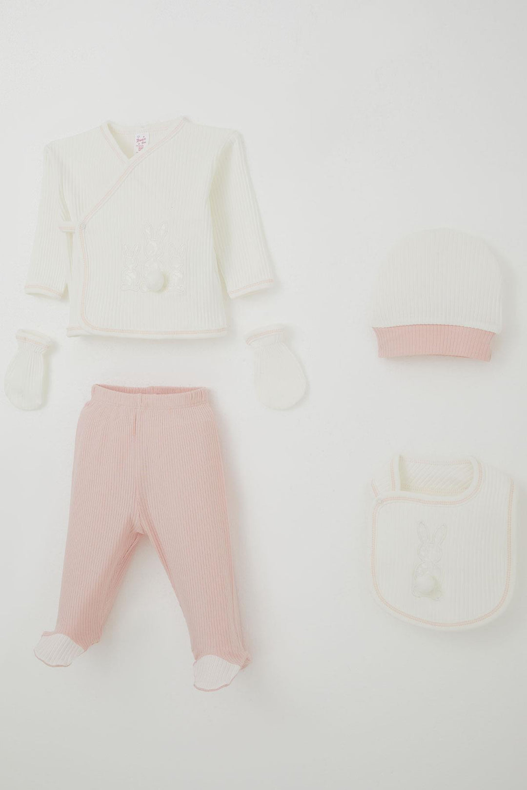 BRE Breeze Baby Girl Hospital Outfit 5 Piece with Pom Poms and Bunny Embroidery 0-3 Months, Ecru - Burriana