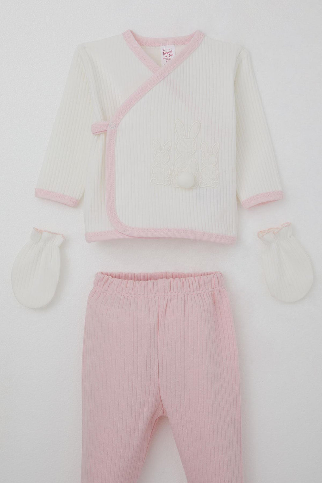 BRE Breeze Baby Girl Hospital Outfit 5 Piece with Pom Poms and Bunny Embroidery 0-3 Months, White - Fair Lawn