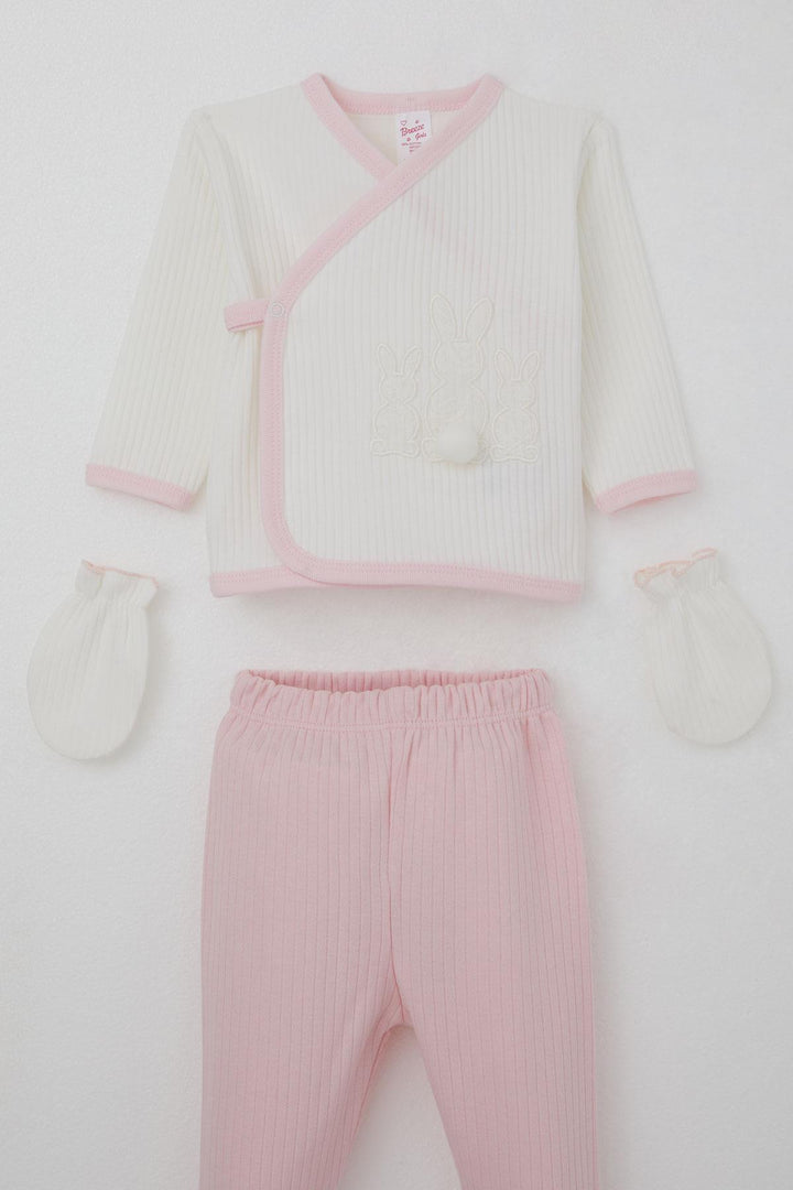 BRE Breeze Baby Girl Hospital Outfit 5 Piece with Pom Poms and Bunny Embroidery 0-3 Months, White - Fair Lawn