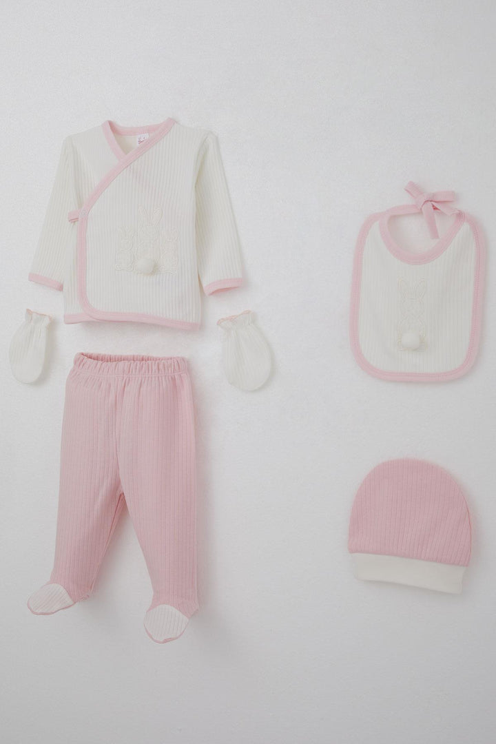 BRE Breeze Baby Girl Hospital Outfit 5 Piece with Pom Poms and Bunny Embroidery 0-3 Months, White - Fair Lawn
