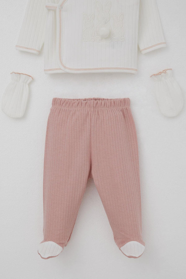 BRE Breeze Baby Girl Hospital Outfit 5 Piece with Pom Poms and Bunny Embroidery 0-3 Months, Ecru - Harrow