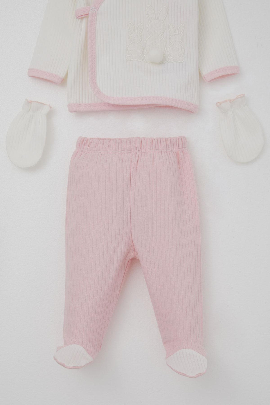 BRE Breeze Baby Girl Hospital Outfit 5 Piece with Pom Poms and Bunny Embroidery 0-3 Months, White - Fair Lawn