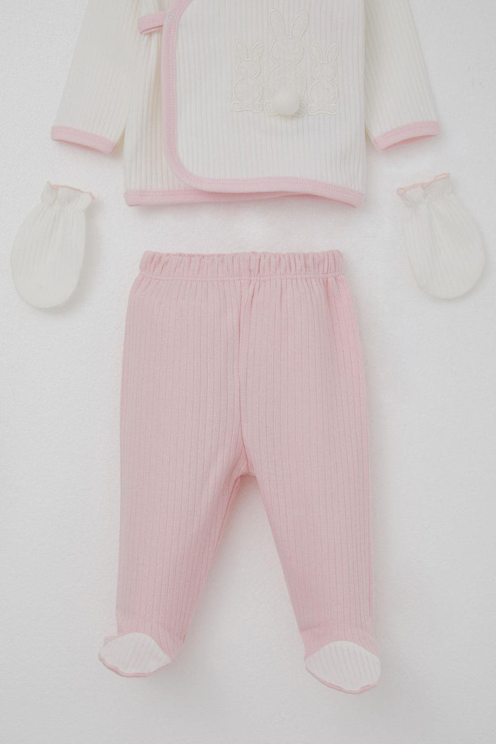BRE Breeze Baby Girl Hospital Outfit 5 Piece with Pom Poms and Bunny Embroidery 0-3 Months, White - Fair Lawn