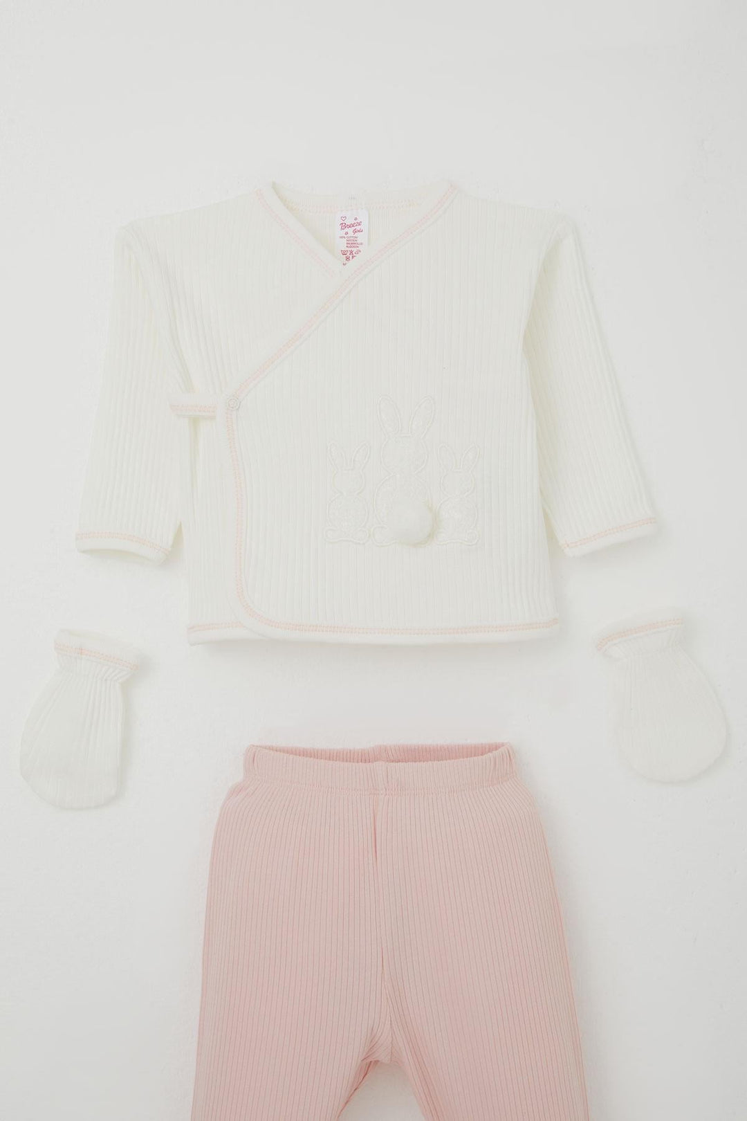 BRE Breeze Baby Girl Hospital Outfit 5 Piece with Pom Poms and Bunny Embroidery 0-3 Months, Ecru - Burriana