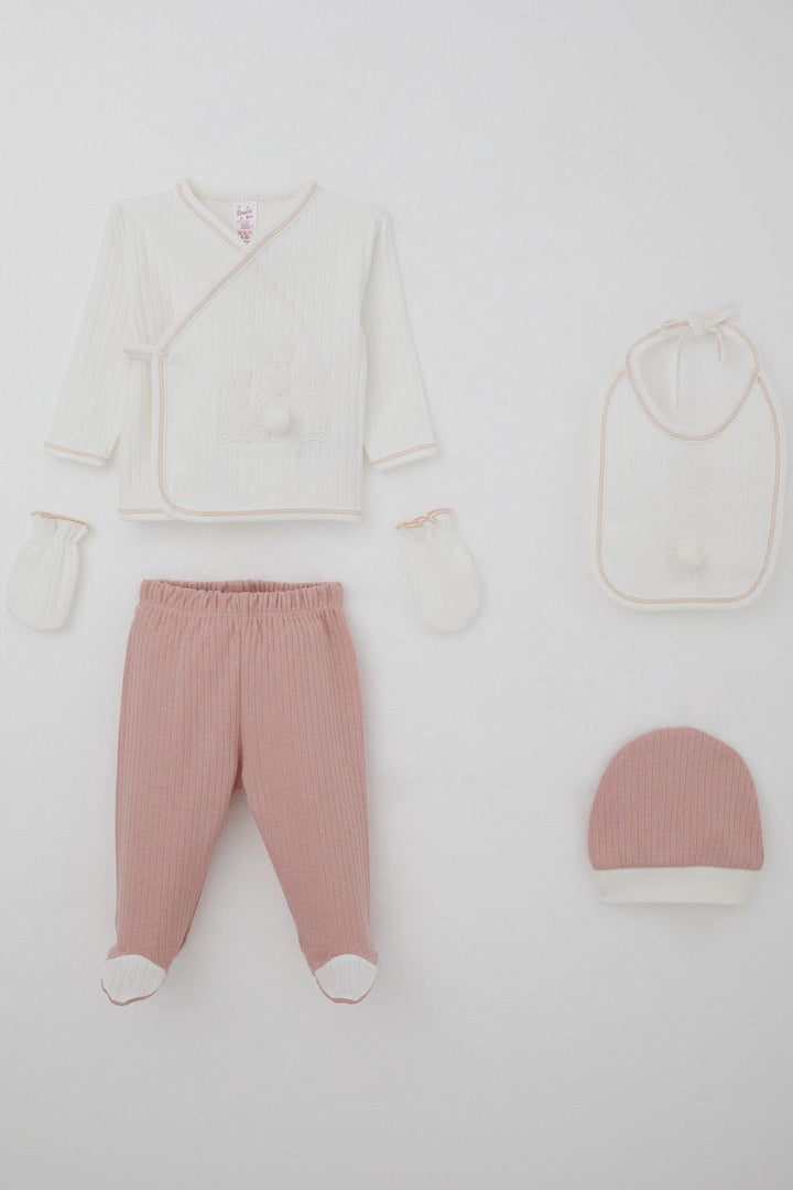 BRE Breeze Baby Girl Hospital Outfit 5 Piece with Pom Poms and Bunny Embroidery 0-3 Months, Ecru - Harrow