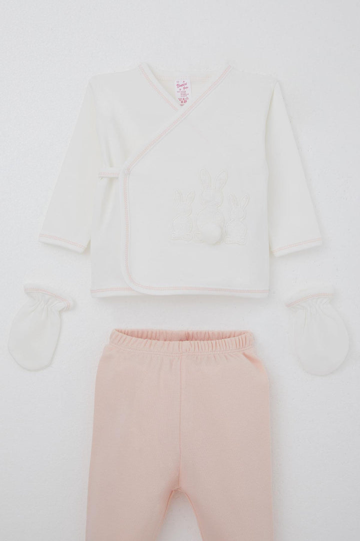 BRE Breeze Baby Girl Hospital Outfit 5 Piece with Pom Poms and Bunny Embroidery 0-3 Months, Ecru - Worms