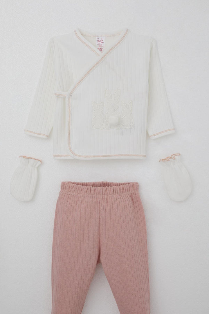 BRE Breeze Baby Girl Hospital Outfit 5 Piece with Pom Poms and Bunny Embroidery 0-3 Months, Ecru - Harrow