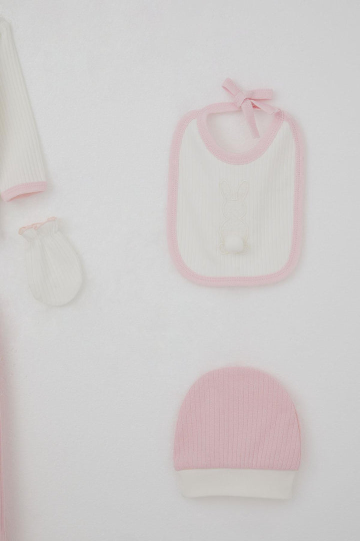 BRE Breeze Baby Girl Hospital Outfit 5 Piece with Pom Poms and Bunny Embroidery 0-3 Months, White - Fair Lawn