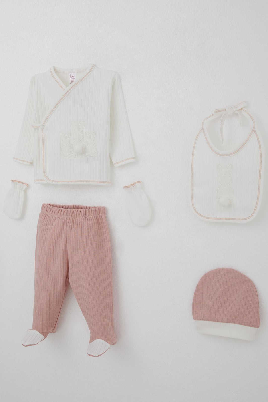BRE Breeze Baby Girl Hospital Outfit 5 Piece with Pom Poms and Bunny Embroidery 0-3 Months, Ecru - Harrow