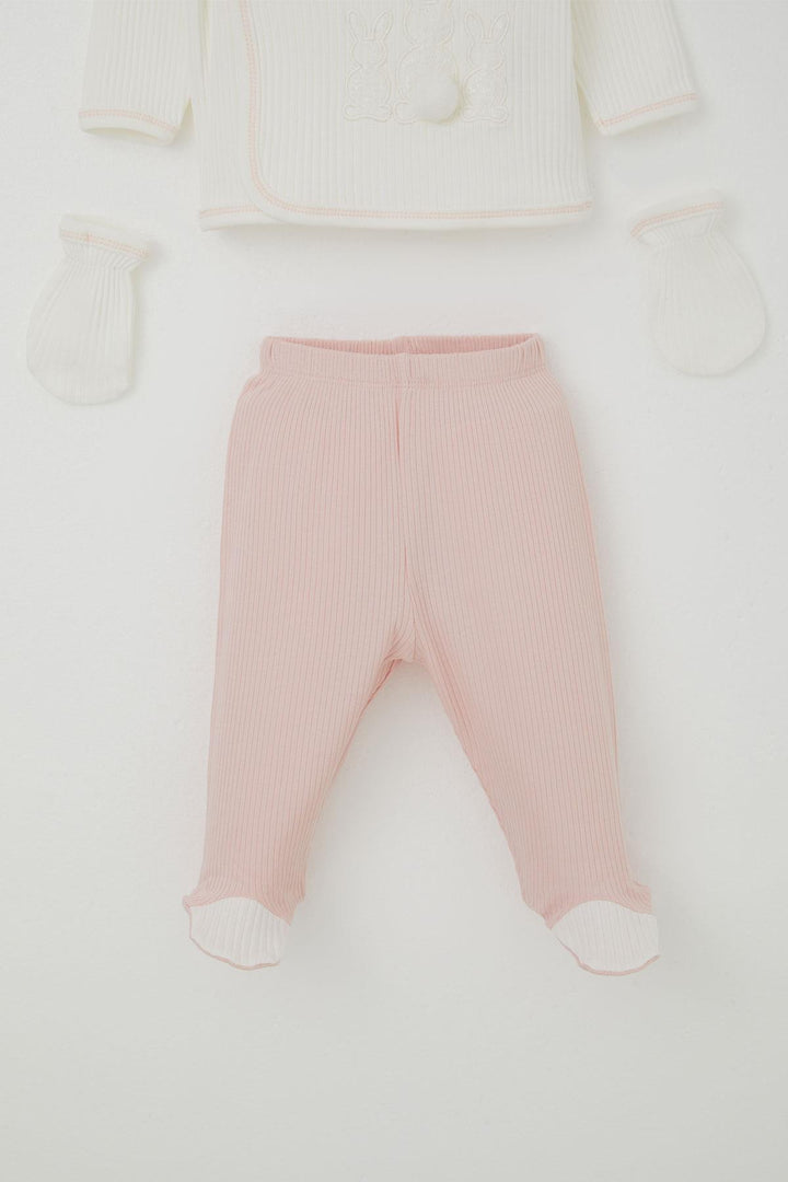 BRE Breeze Baby Girl Hospital Outfit 5 Piece with Pom Poms and Bunny Embroidery 0-3 Months, Ecru - Burriana