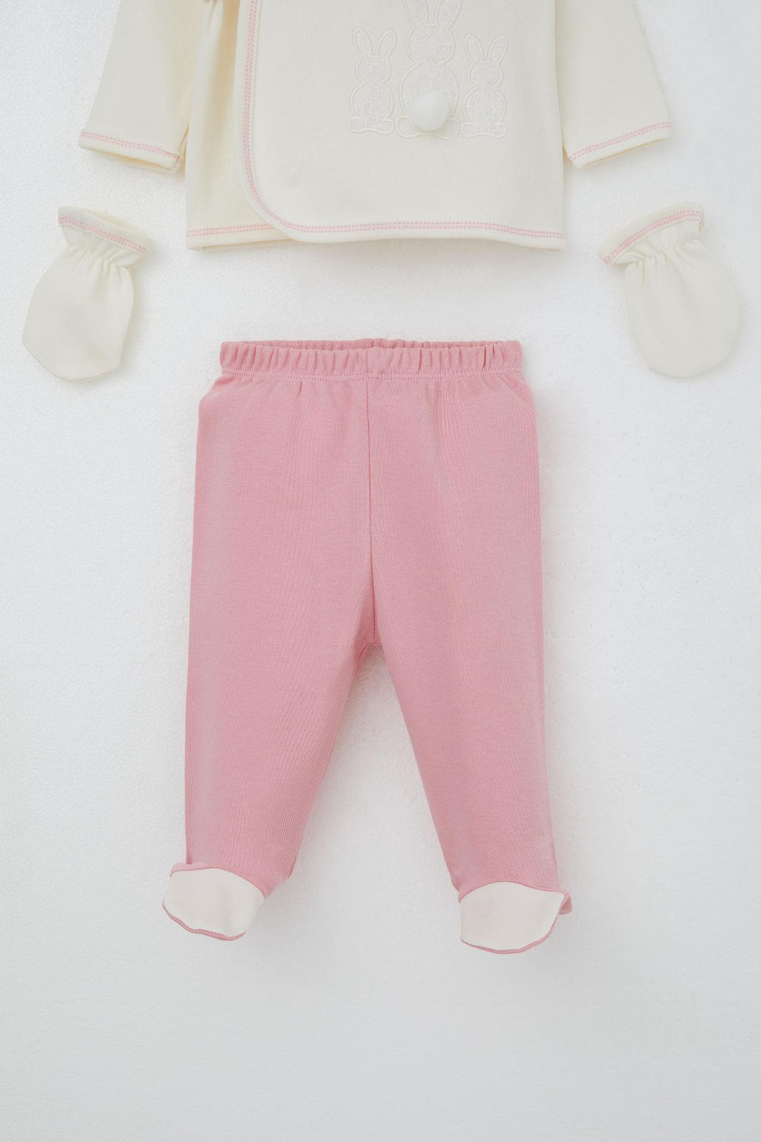 BRE Breeze Baby Girl Hospital Outfit 5 Piece with Pom Poms and Bunny Embroidery 0-3 Months, Ecru - Parkland