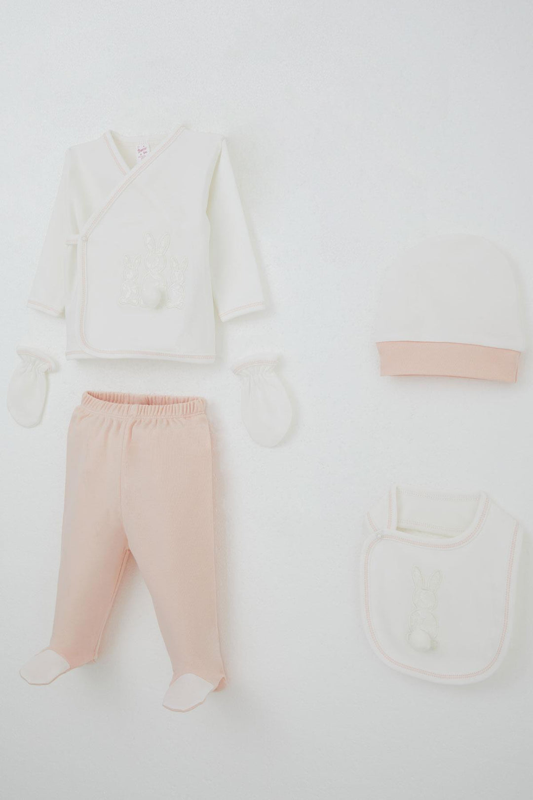 BRE Breeze Baby Girl Hospital Outfit 5 Piece with Pom Poms and Bunny Embroidery 0-3 Months, Ecru - Worms