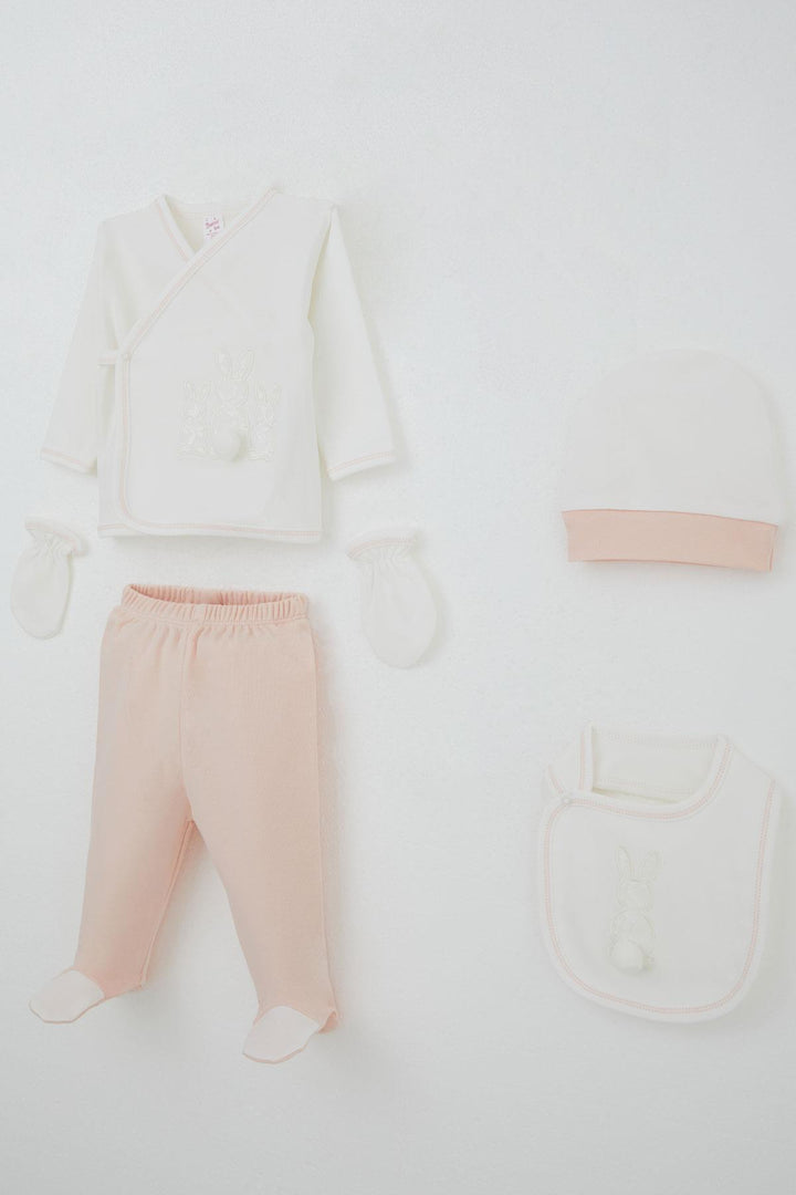BRE Breeze Baby Girl Hospital Outfit 5 Piece with Pom Poms and Bunny Embroidery 0-3 Months, Ecru - Worms