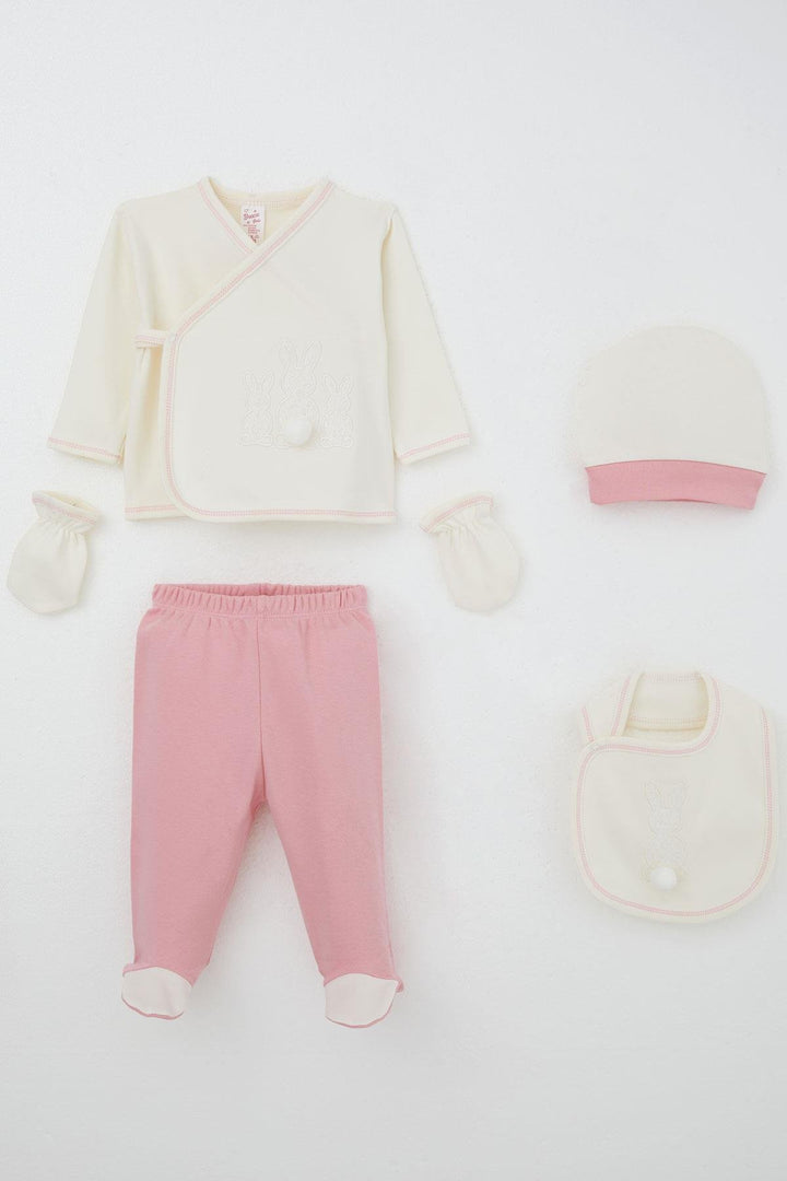 BRE Breeze Baby Girl Hospital Outfit 5 Piece with Pom Poms and Bunny Embroidery 0-3 Months, Ecru - Parkland