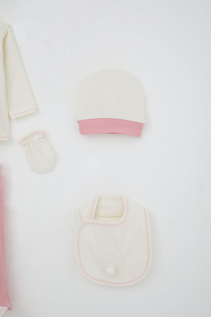 BRE Breeze Baby Girl Hospital Outfit 5 Piece with Pom Poms and Bunny Embroidery 0-3 Months, Ecru - Parkland