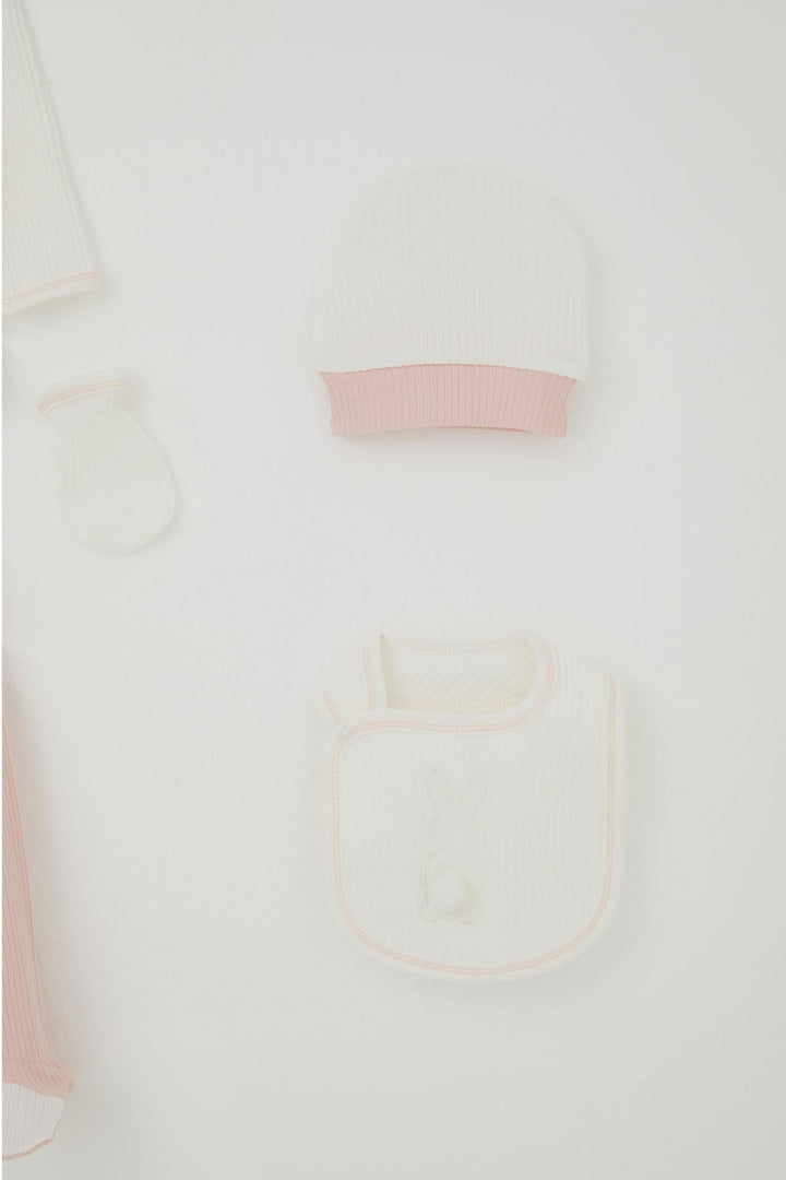 BRE Breeze Baby Girl Hospital Outfit 5 Piece with Pom Poms and Bunny Embroidery 0-3 Months, Ecru - Burriana