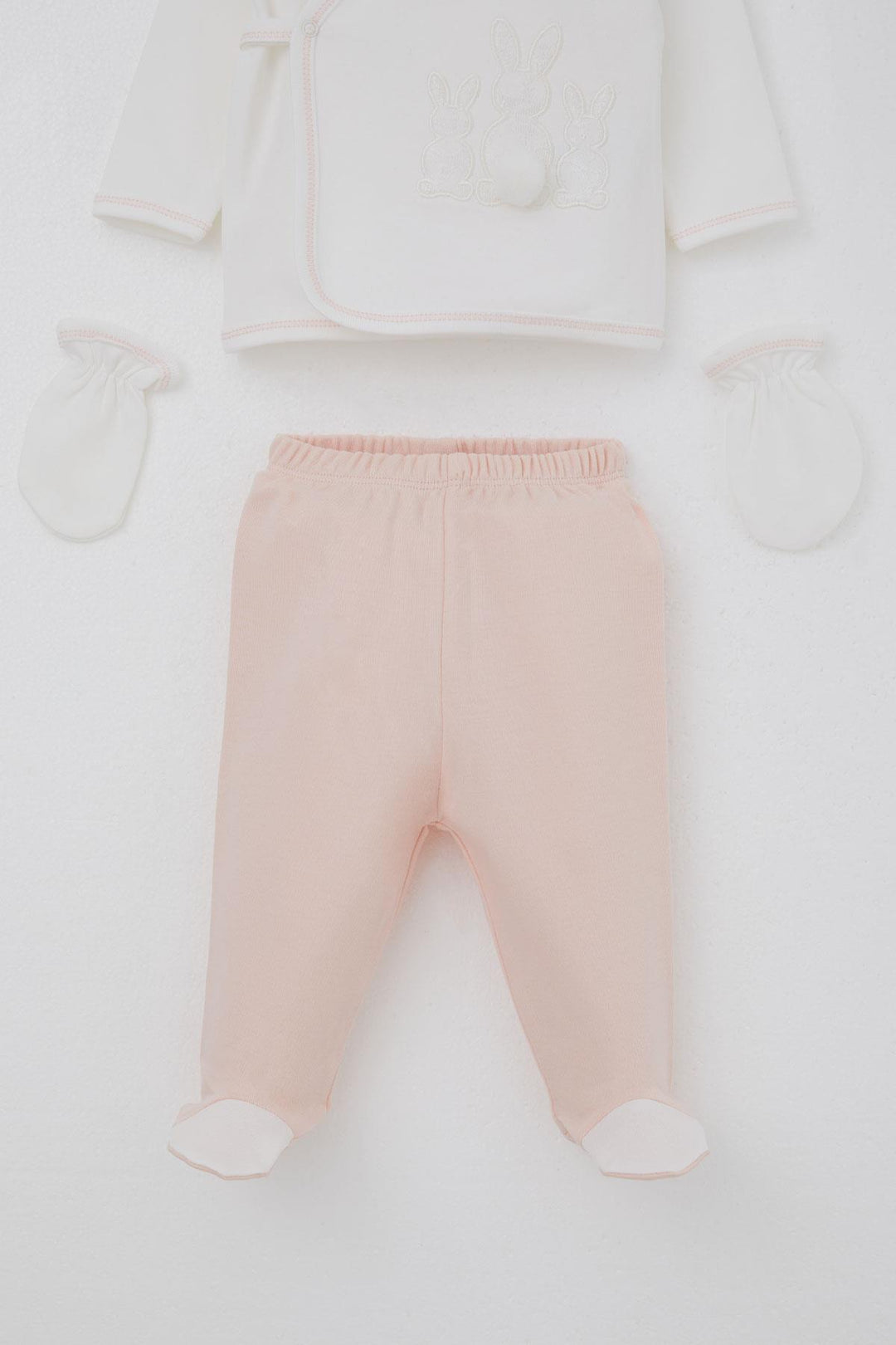 BRE Breeze Baby Girl Hospital Outfit 5 Piece with Pom Poms and Bunny Embroidery 0-3 Months, Ecru - Worms