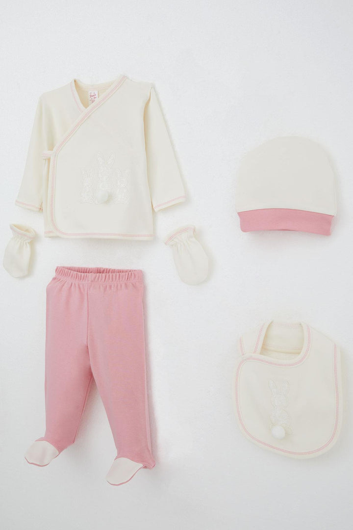BRE Breeze Baby Girl Hospital Outfit 5 Piece with Pom Poms and Bunny Embroidery 0-3 Months, Ecru - Parkland