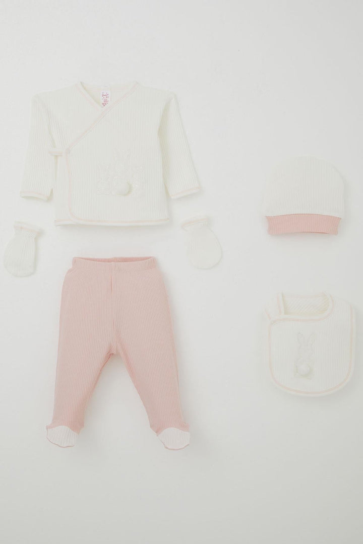 BRE Breeze Baby Girl Hospital Outfit 5 Piece with Pom Poms and Bunny Embroidery 0-3 Months, Ecru - Burriana