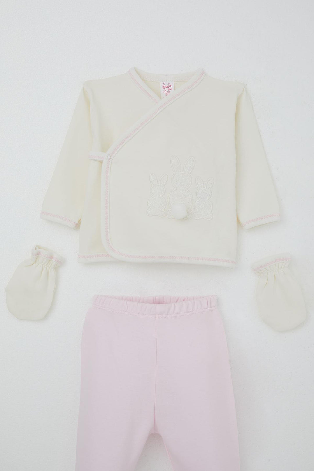 BRE Breeze Baby Girl Hospital Outfit 5 Piece with Pom Poms and Bunny Embroidery 0-3 Months, Ecru - Juchitán de Zaragoza