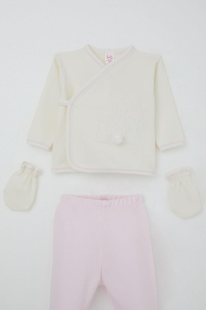 BRE Breeze Baby Girl Hospital Outfit 5 Piece with Pom Poms and Bunny Embroidery 0-3 Months, Ecru - Juchitán de Zaragoza