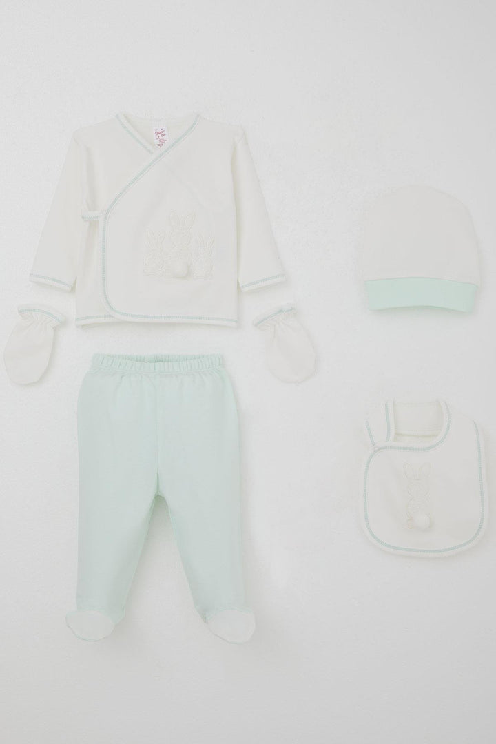 BRE Breeze Baby Girl Hospital Outfit 5 Piece with Pom Poms and Bunny Embroidery 0-3 Months, Ecru - Hutchinson
