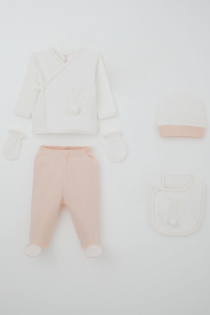 BRE Breeze Baby Girl Hospital Outfit 5 Piece with Pom Poms and Bunny Embroidery 0-3 Months, Ecru - Worms