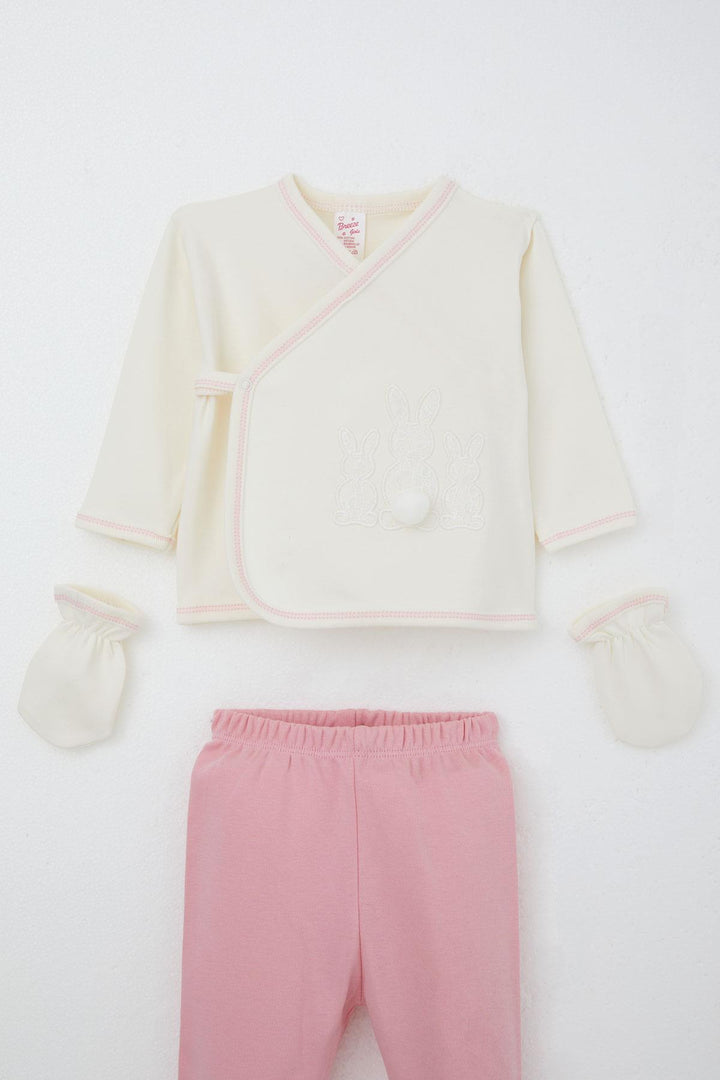BRE Breeze Baby Girl Hospital Outfit 5 Piece with Pom Poms and Bunny Embroidery 0-3 Months, Ecru - Parkland