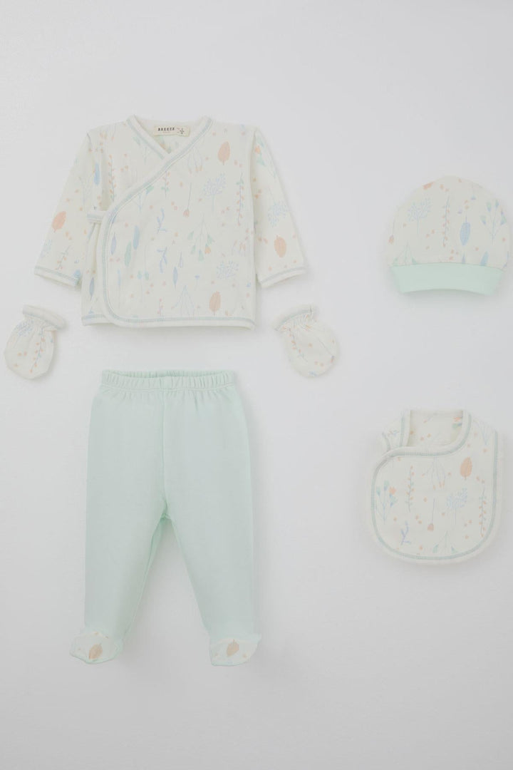 BRE Breeze Baby Girl Hospital Outfit 5-Piece Colorful Flower Patterned 0-3 Months, Ecru - Pearland