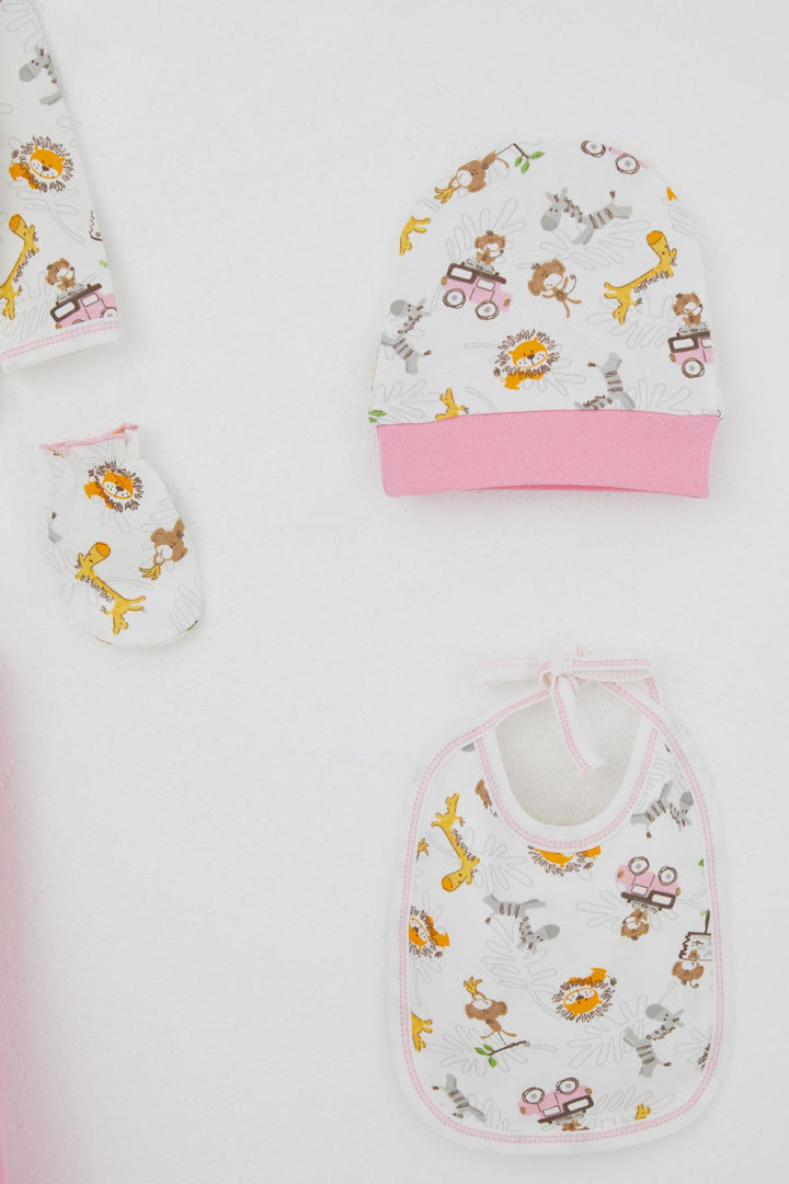 BRE Breeze Baby Girl Hospital Outfit 5-Piece Safari Adventure Cute Animals Patterned 0-3 Months, White - Horad Barysaw