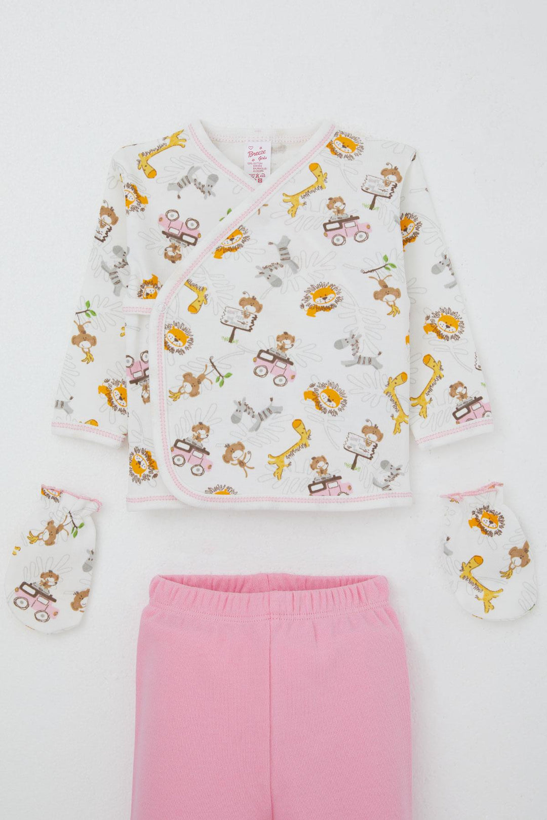 BRE Breeze Baby Girl Hospital Outfit 5-Piece Safari Adventure Cute Animals Patterned 0-3 Months, White - Horad Barysaw