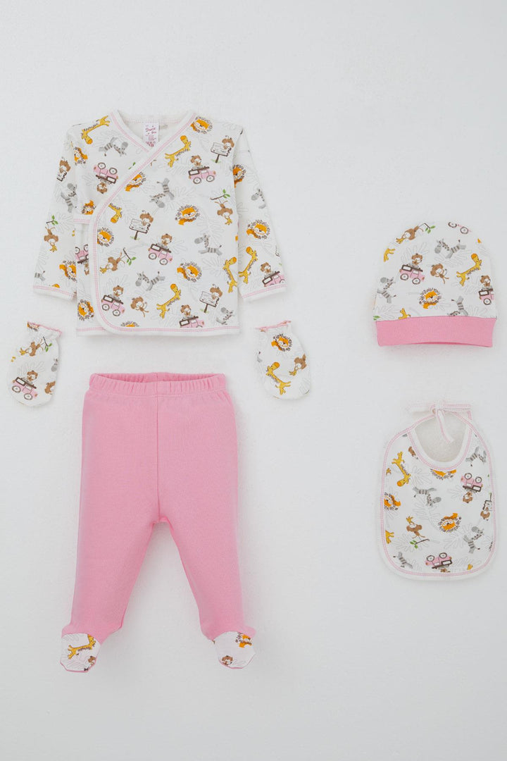 BRE Breeze Baby Girl Hospital Outfit 5-Piece Safari Adventure Cute Animals Patterned 0-3 Months, White - Horad Barysaw
