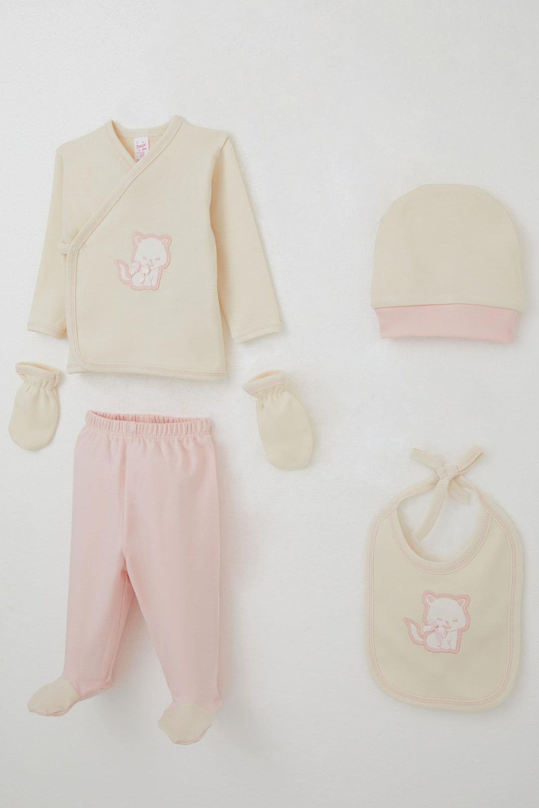 BRE Breeze Baby Girl Hospital Outfit 5 Piece Cute Cat Embroidered Bow 0-3 Months, Cream - Waterloo