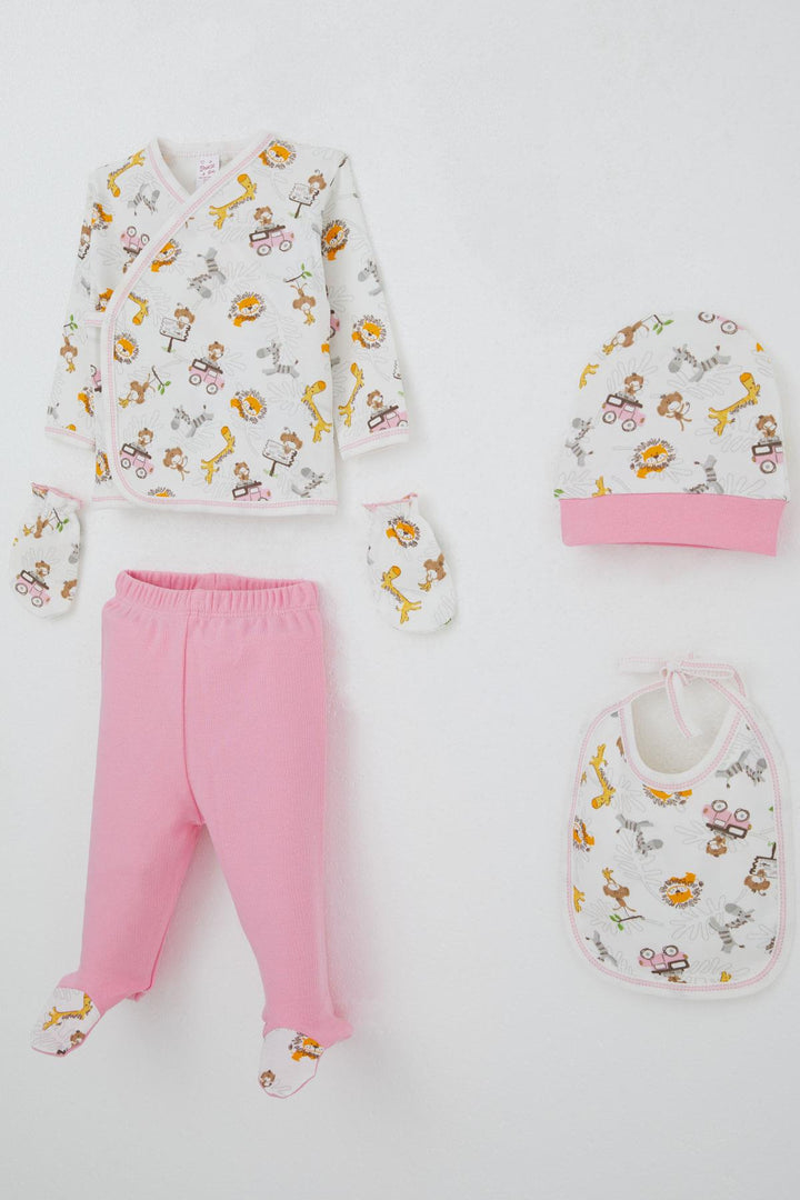 BRE Breeze Baby Girl Hospital Outfit 5-Piece Safari Adventure Cute Animals Patterned 0-3 Months, White - Horad Barysaw