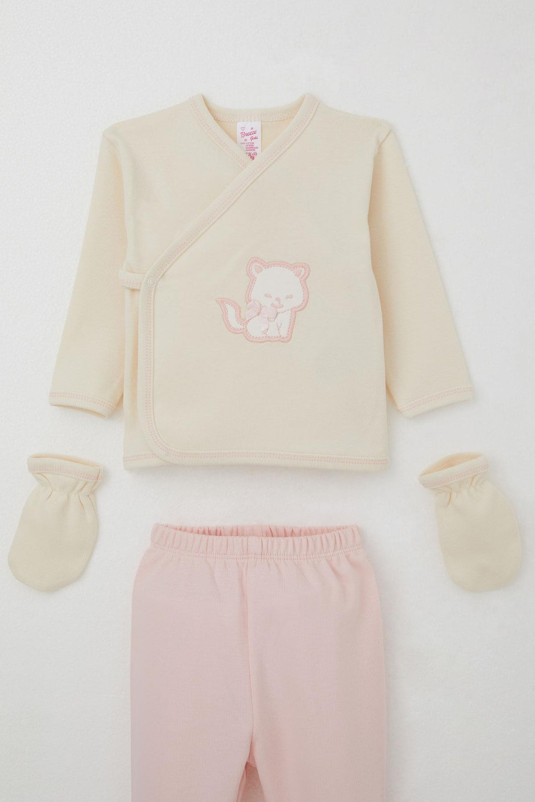 BRE Breeze Baby Girl Hospital Outfit 5 Piece Cute Cat Embroidered Bow 0-3 Months, Cream - Waterloo