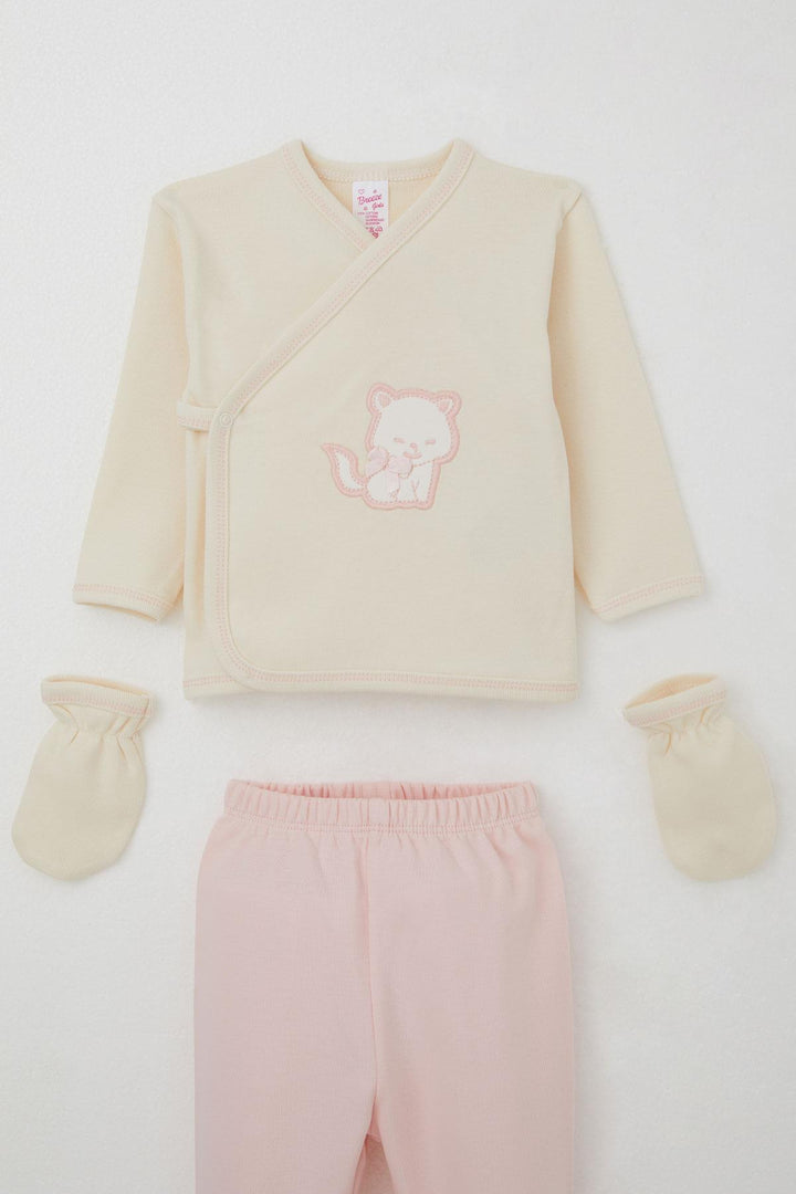 BRE Breeze Baby Girl Hospital Outfit 5 Piece Cute Cat Embroidered Bow 0-3 Months, Cream - Waterloo