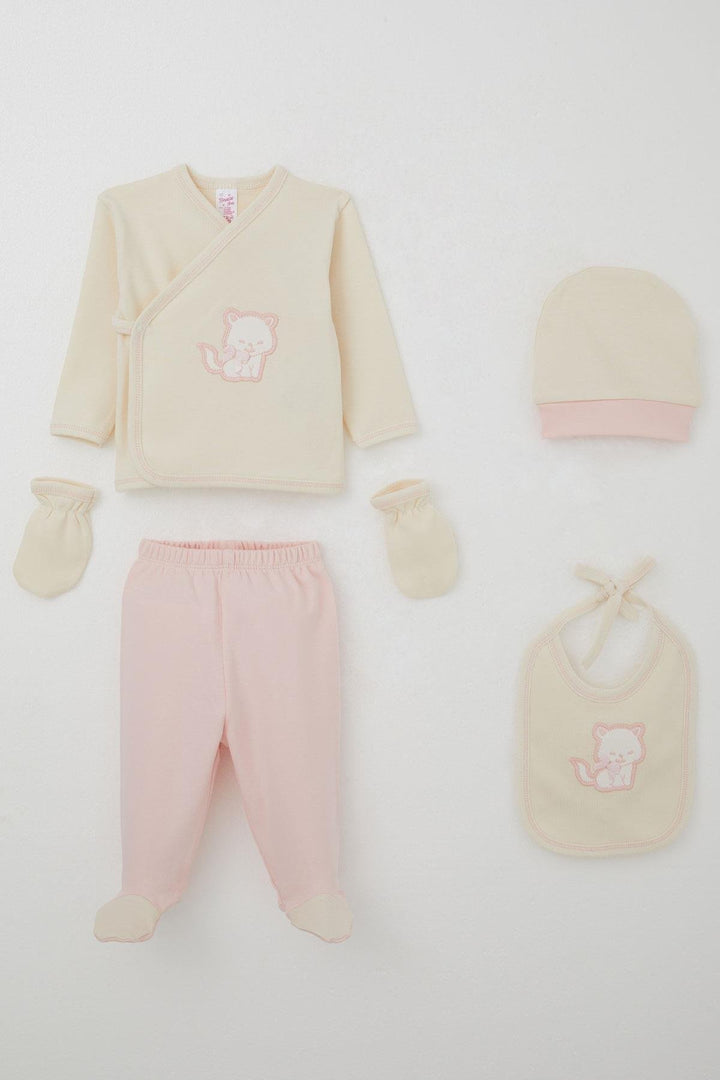 BRE Breeze Baby Girl Hospital Outfit 5 Piece Cute Cat Embroidered Bow 0-3 Months, Cream - Waterloo