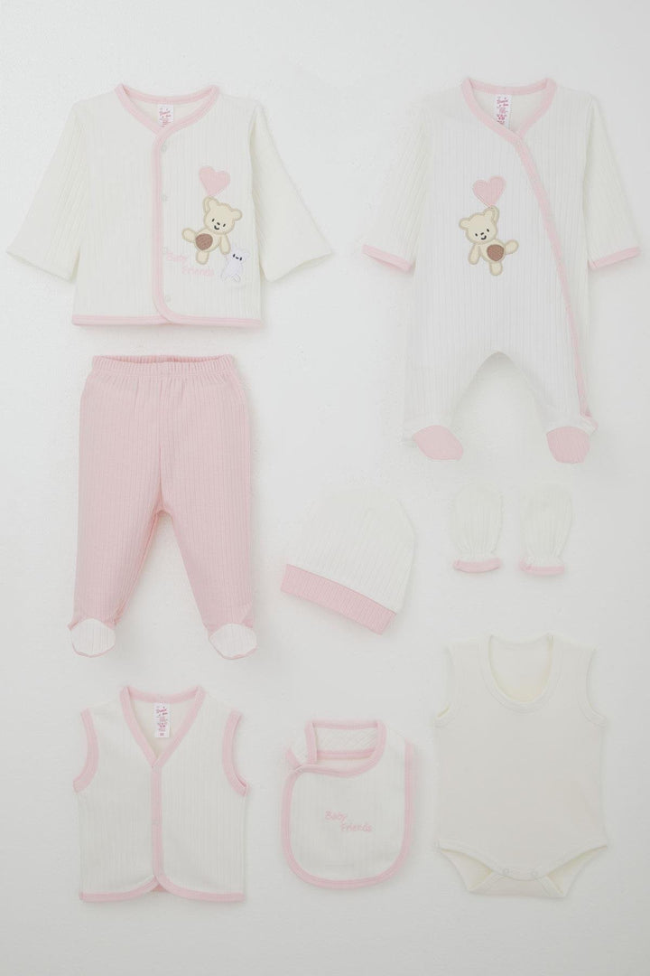 BRE Breeze Baby Girl Hospital Outfit 8 Piece Baby Bear Embroidered Heart 0-3 Months, White - Dunstable