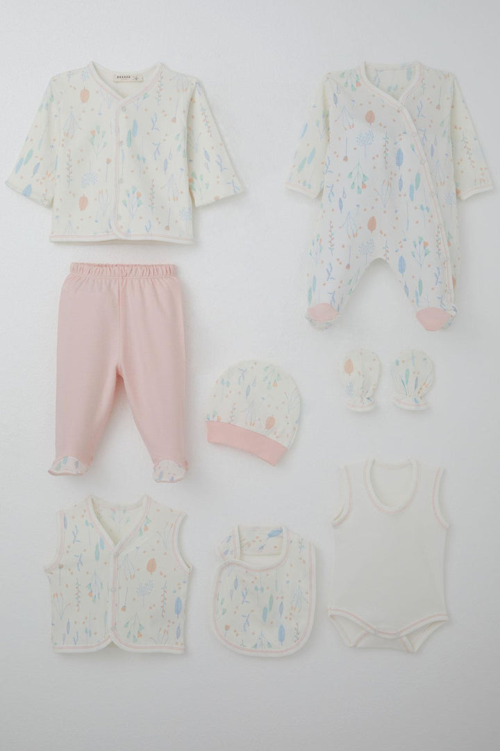 BRE Breeze Baby Girl Hospital Outfit 8 Piece Spring Themed Flower Patterned 0-3 Months, Ecru - Hilo